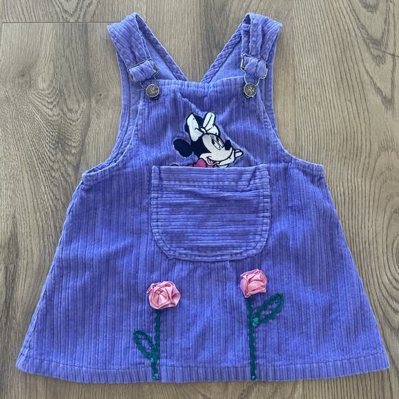Other - Vintage 3T Minnie Mouse Purple Corduroy Girls Romper Dress Flowers Pocket